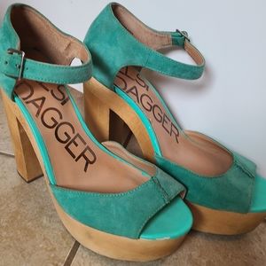 Kelsi Dagger teal/wooden platform heels
